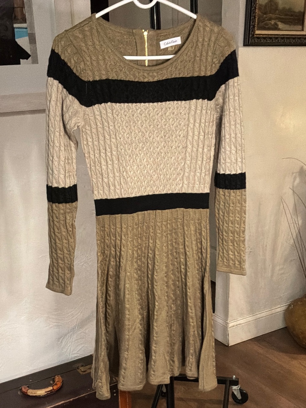 Calvin Klein Taupe, Beige & Black Cable-Knit Long Sleeve Fit-and-Flare Dress